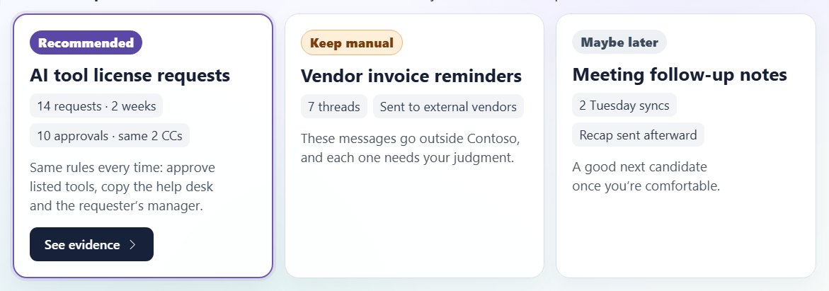 Cowork recommending AI tool license requests, marking vendor invoice reminders to keep manual and meeting follow-up notes as maybe later