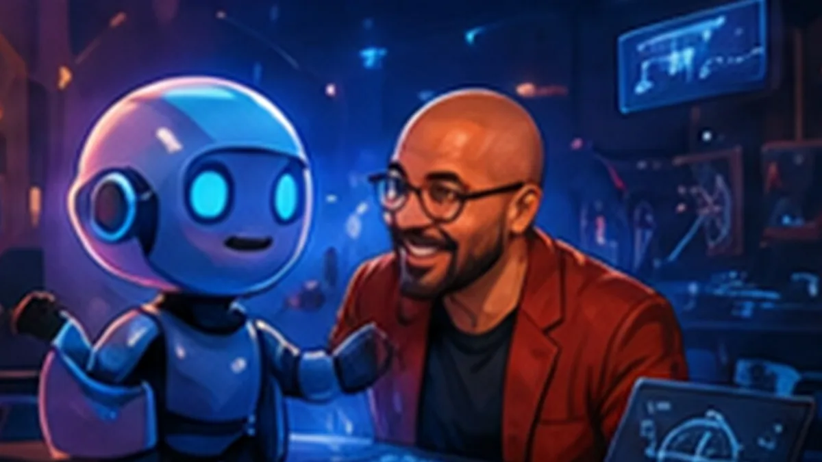 Patrick smiles across his desk at a friendly glowing robot in a blue-lit studio