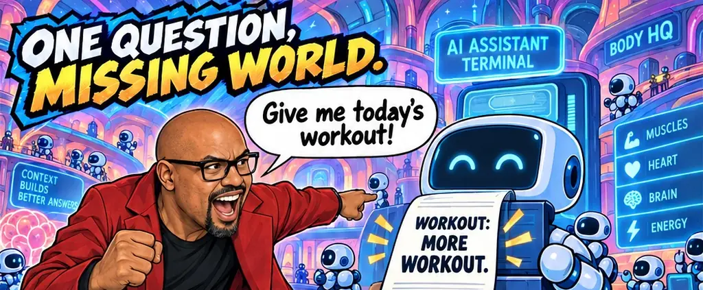 Comic panel titled One question, missing world: Patrick points at a smiling robot and demands today's workout. The robot prints a slip that reads WORKOUT: MORE WORKOUT.