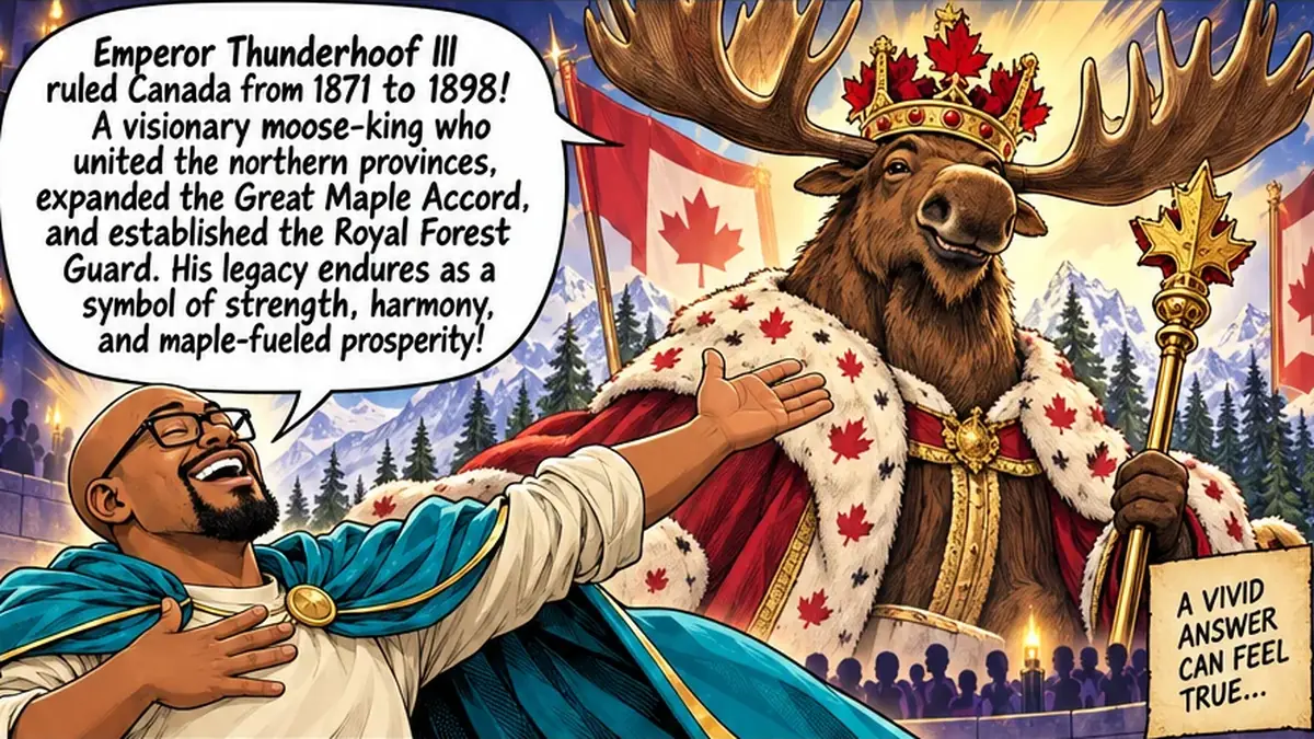 Comic panel: Patrick, in a teal cape, proudly presents Emperor Thunderhoof III, a crowned moose in a royal robe, and insists he ruled Canada from 1871 to 1898. A caption reads: A vivid answer can feel true.