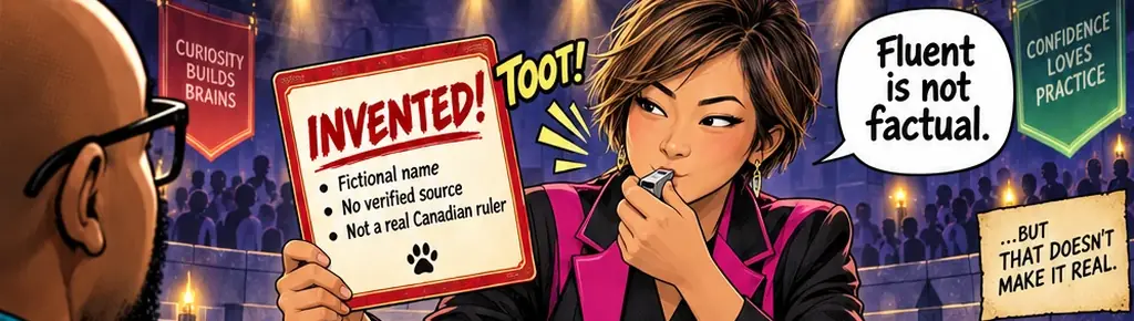 Comic panel: Su blows a whistle and holds up a card stamped INVENTED: fictional name, no verified source, not a real Canadian ruler. She says: Fluent is not factual. A caption reads: But that doesn't make it real.