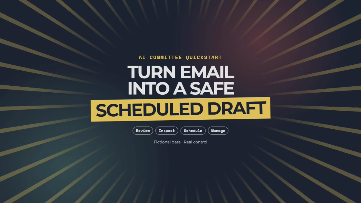 Title frame from the training video reading Turn email into a safe scheduled draft