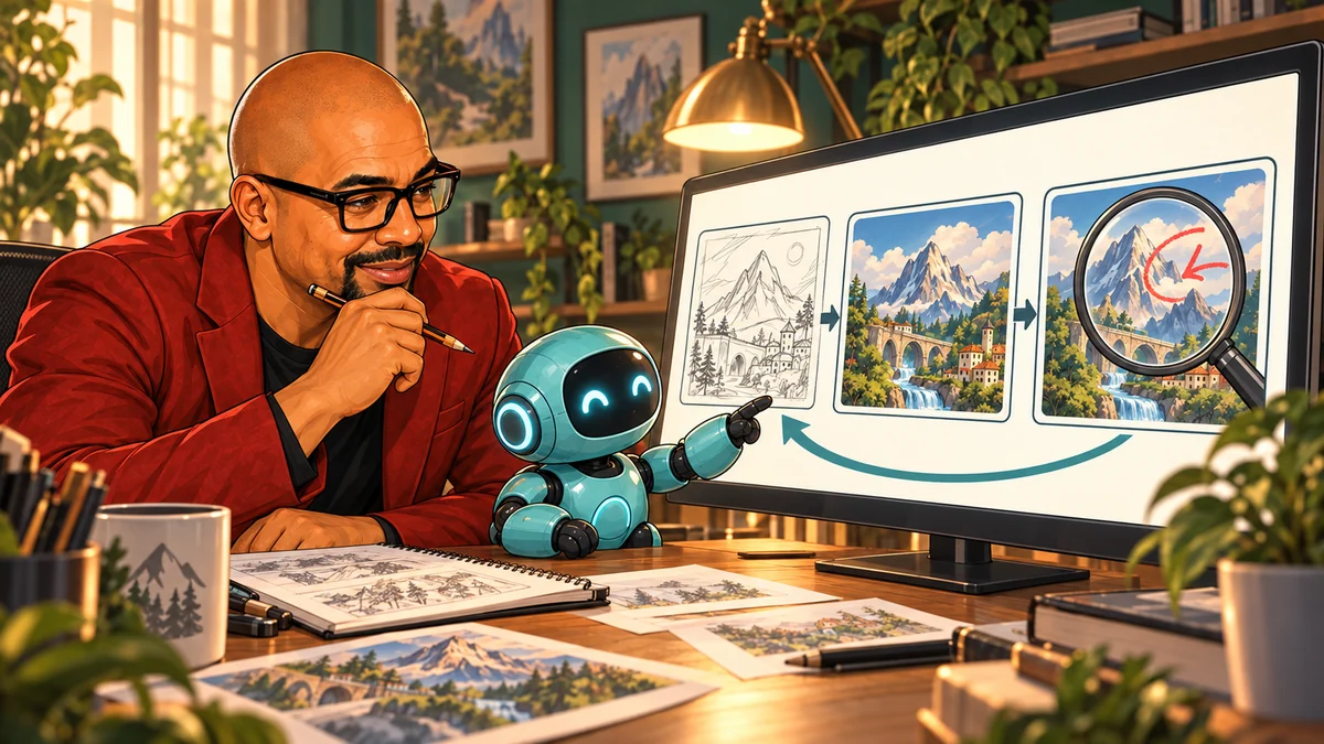 Patrick and a small robot review a sketch-to-painting sequence on screen, a magnifying glass circling one flaw
