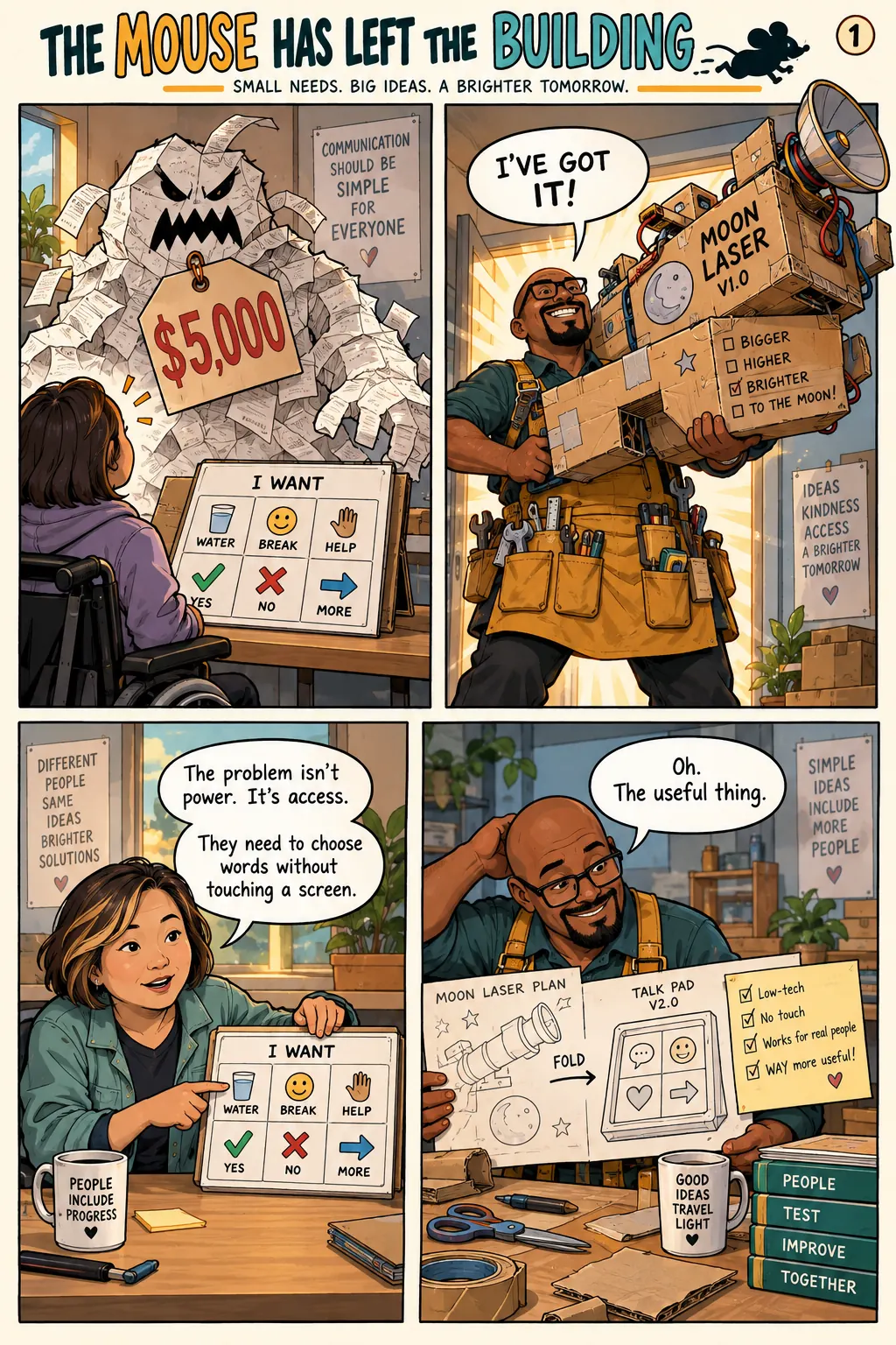 A giant $5,000 paper price tag blocks a message; Patrick arrives in a cardboard moon laser while Su identifies the real goal: choosing words without touching a screen.