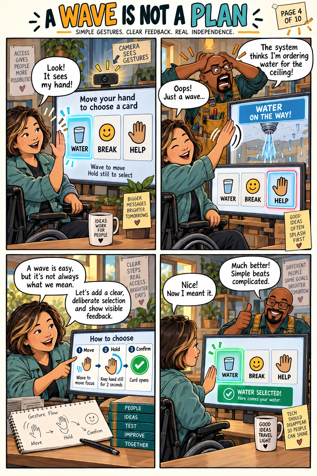 A wave accidentally selects a message in a fictional lab demo; Su recommends an intentional, clear selection method.