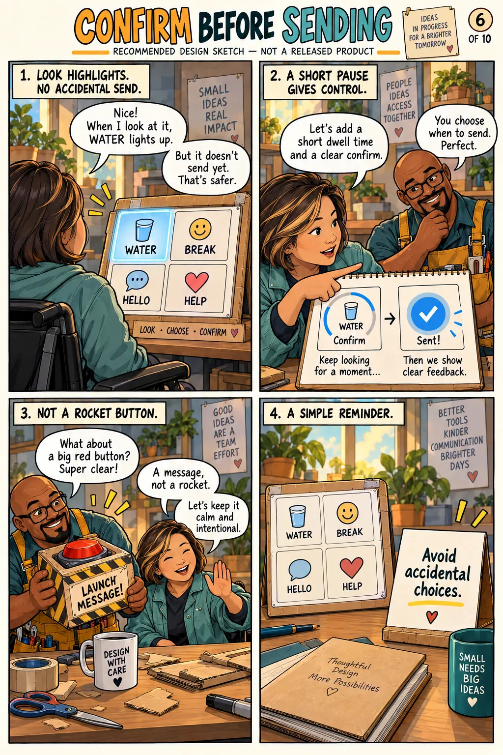 A clearly labeled design sketch recommends a short pause and confirmation to avoid accidental messages, without claiming it is a released Reach feature.