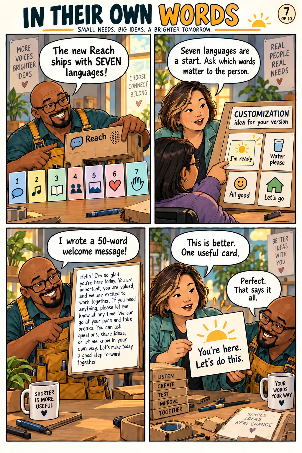Patrick shows seven language cards; Su suggests customizable personal phrases as an idea for a future version rather than an existing feature.