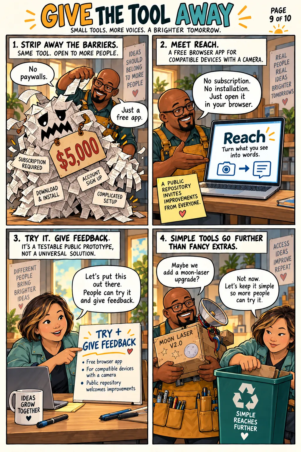 Patrick opens Reach as a free browser prototype for compatible devices with a camera and public repository, while Su asks for real feedback.