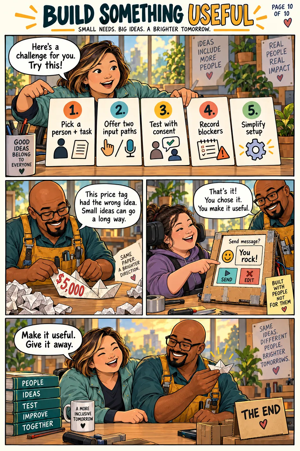 Su gives readers five steps for a small accessible prototype; Patrick folds the intimidating $5,000 price tag into a paper boat.