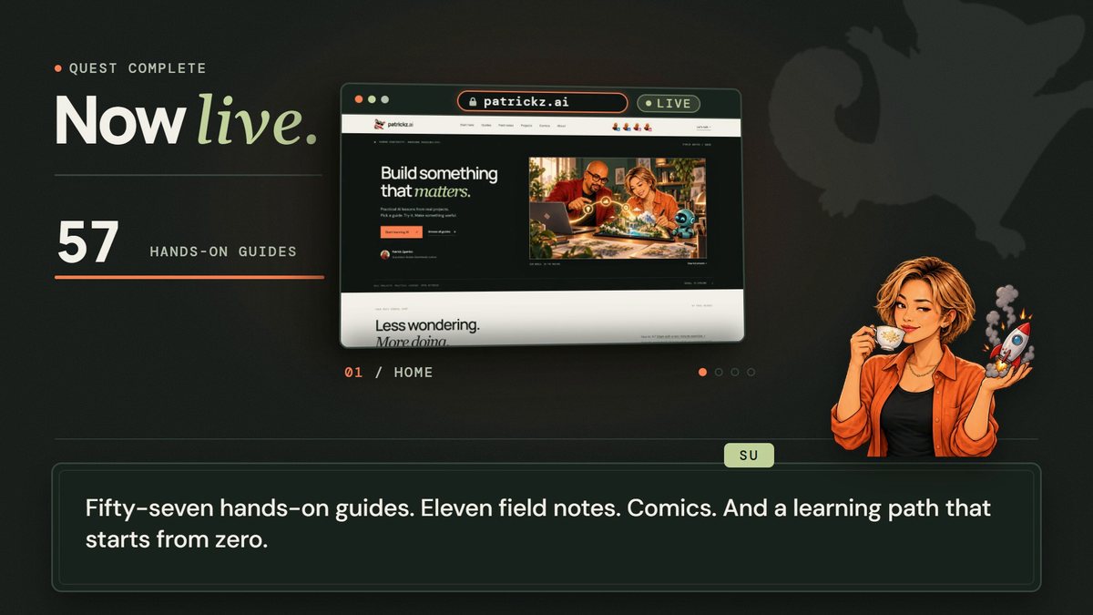 Frame from the instructional video: the live patrickz.ai homepage in a browser window beside the words Now live and 57 hands-on guides
