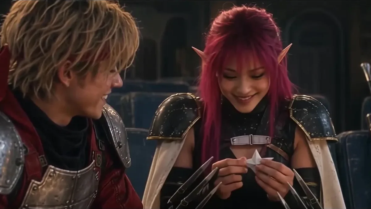 Chaz and Rika share a paper star in Patrick’s generated Phantasy Star music video