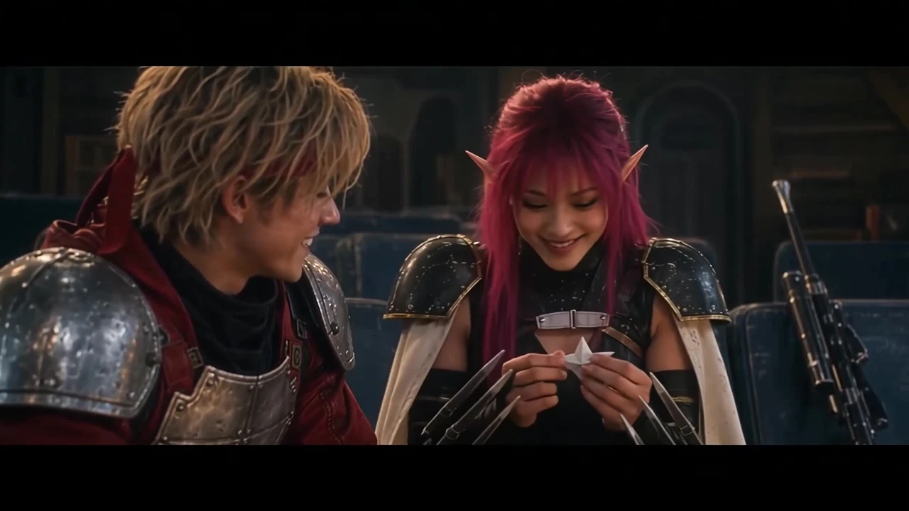 Chaz watches Rika smile at a folded paper star in the generated film